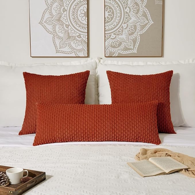 Kevin Textile Fall 14x36 Inch Long Lumbar 1 Pack Boho Decorative Throw Pillow Cover Soft Striped Corduroy Rectangle Cushion Case Farmhouse Solid Accent for Living Room Couch Sofa Bed, Burnt Brick