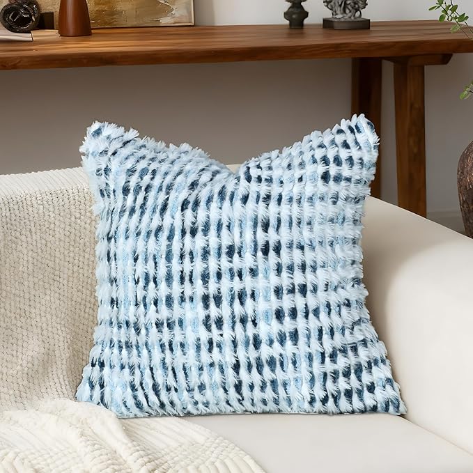 Boho Chenille Tufted Pillow Cover 18x18 Inch Set of 1, Farmhouse Striped Decorative Pillow Covers Accent Fluffy Neutral Square Pillowcases for Couch Sofa Bedroom Living Room, Blue White