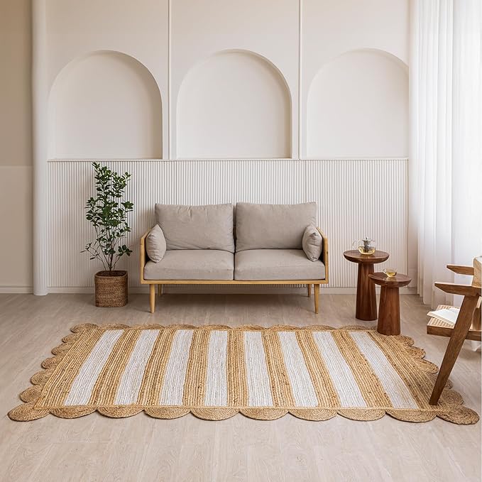 HOMEMONDE Scalloped Jute Area Rug 6'x9' Natural Stripe - Boho Home Décor Farmhouse Style Eco-Friendly Fiber Rug Hand Braided Rustic Vintage for Living Room, Bedroom, Dining Room, Hallway, Kitchen