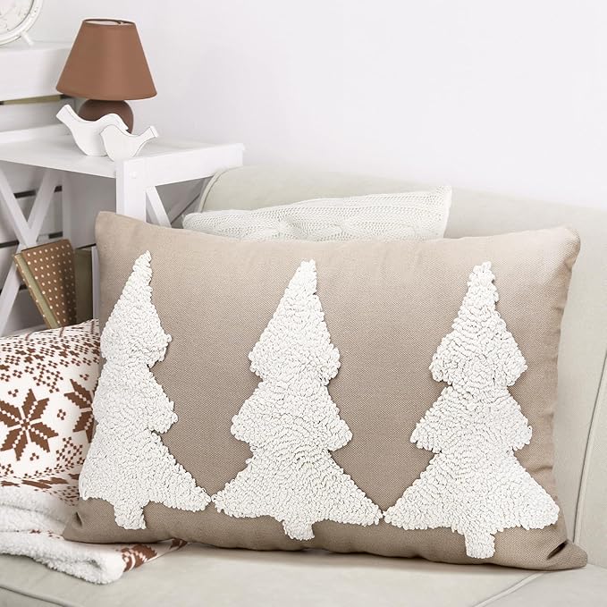 Mixweer Christmas Tree Pillow Covers 12 x 20 Inch Christmas Pillow Covers Neutral Xmas Decor Neutral Tufted Embroidery Decorative for Winter Sofa Home Living Room Bedroom Holiday Decor