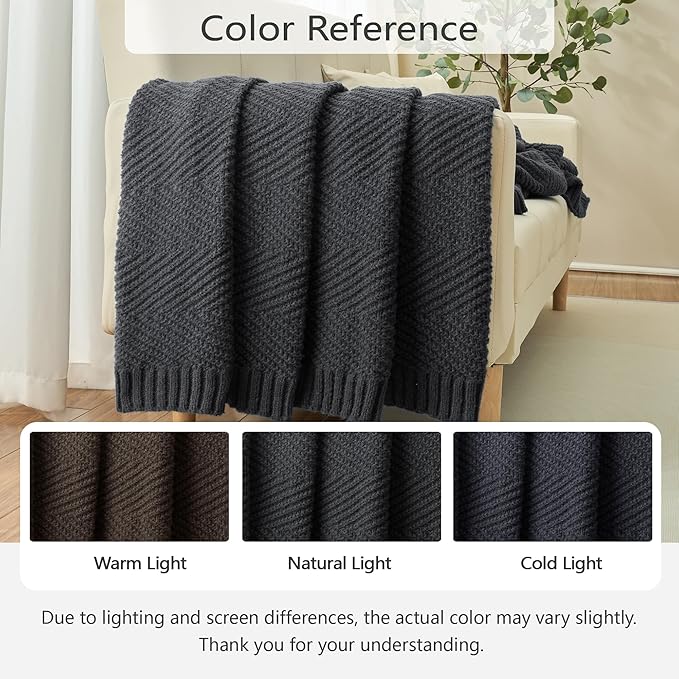 Knitted Throw Blanket 50"X60", Dark Grey Knit Throws for Bed, Super Soft Boho Chevron Blankets for Couch Sofa Chair Room Decor, Textured Decorative Farmhouse Cozy Lightweight