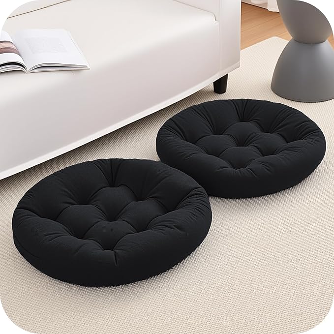 2Pcs Floor Pillows for Adults, 22x22 Inch Meditation Cushions, Large Round Sitting Cushion Living Room Memory Foam Pillow for Sitting (4, Black, 22x22x4 Inch)