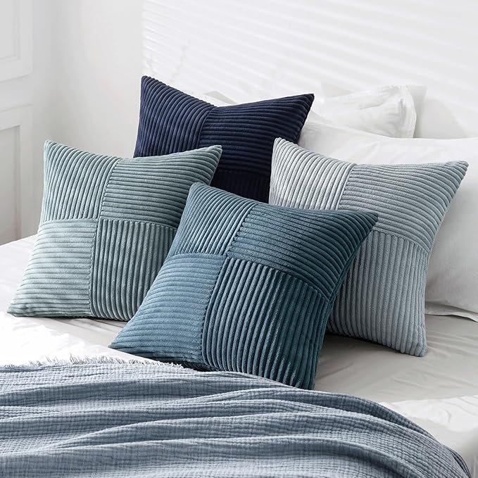 MIULEE Dusty Blue Navy Farmhouse Throw Pillow Covers 16x16 Inch Set of 4 Boho Patchwork Gradient Cushion Cases Western Modern Pillow Cases Corduroy Home Decor for Couch Sofa Living Room Bed