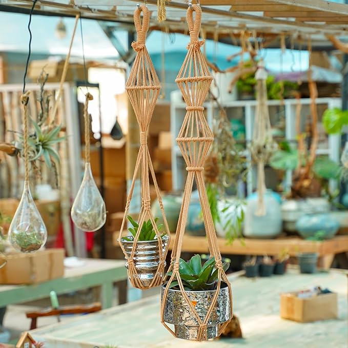 Hourglass Floating Macrame Plant Hangers 2 Pack Handmade Cotton Rope Hanging Planters Basket with S Hooks, Diamond Openwork Boho Home Decor for Indoor Outdoor, Plants Holder 35" & 39” (Caramel)