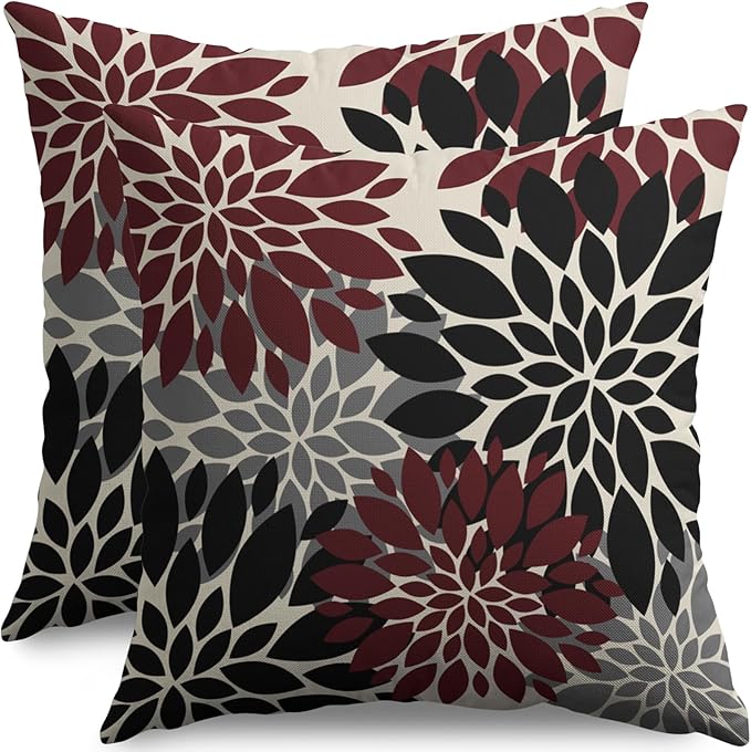 Black Burgundy Pillow Covers 16X16 Inch Set of 2, Spring Summer Floral Dahlia Flower Cream Decorative Throw Pillow Covers Outdoor Modern Farmhouse Cushion Case for Home Couch Sofa Bed Decor