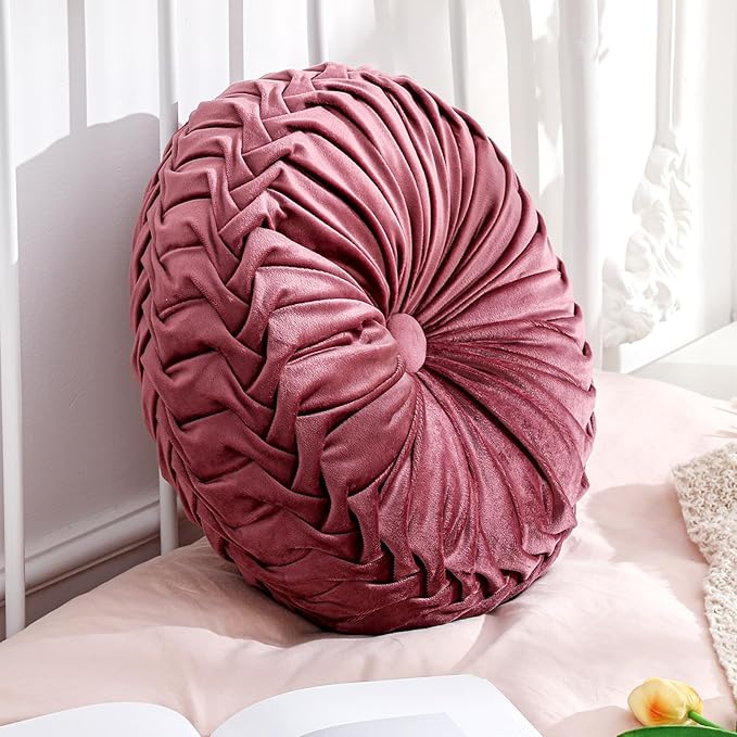 Round Throw Pillows Decorative Pleated Throw Pillows 15'' Diameter Accent Pumpkin Boho Chair Cushion for Couch Sofa Home Decoration(Dusty Rose,1 Pcs)