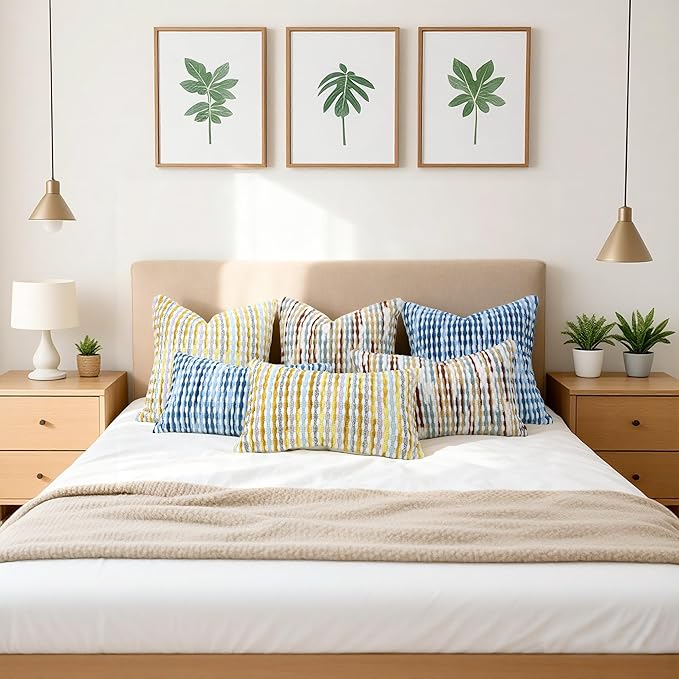 Boho Decorative Throw Pillow Covers 12x20 Inch, Chenille Tufted Pillow Cover Striped Textured Lumbar Farmhouse Accent Pillowcase for Couch Sofa Bedroom Living Room, Yellow White Stripe 1 Pack