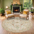 Beige 6ft Round Rug for Living Room - Floral Circle Area Rug for Bedroom Kids Room, Home Office, Washable Low Pile Non Slip, Vintage Beige Taupe Botanical & Bird Pattern, Boho Indoor Décor