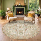 Beige 6ft Round Rug for Living Room - Floral Circle Area Rug for Bedroom Kids Room, Home Office, Washable Low Pile Non Slip, Vintage Beige Taupe Botanical & Bird Pattern, Boho Indoor Décor