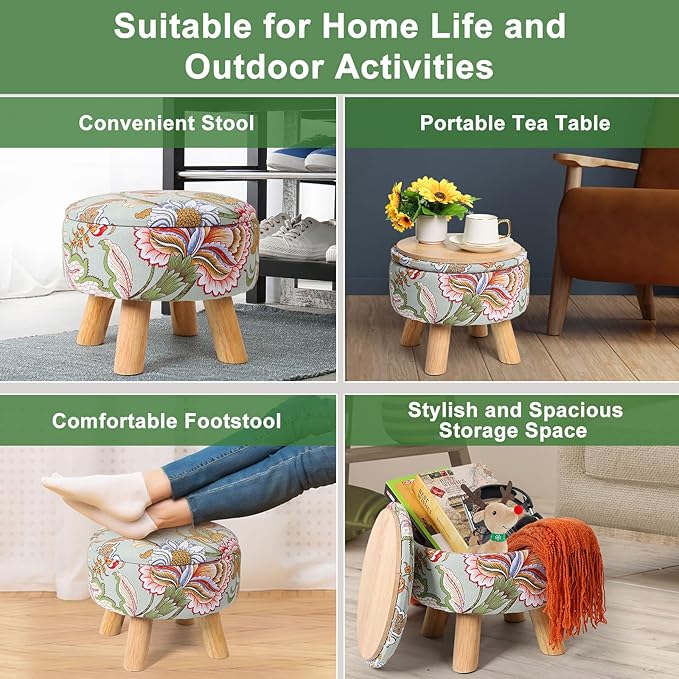 Round Storage Ottoman with Reversible Tray Lid, 12.7 "W x 10.6 "H Upholstered Footrest Pouf with Anti-slip & Scratch-resistant Foot Pads, Stain-Resistant Fabric Pouf, for Living Room, Bedroom, Dorm