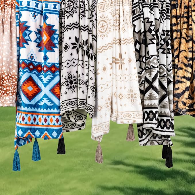 MACEVIA Flannel Boho Blanket for Couch, Country Western Aztec Printed Throw with Tassel, Soft Cozy Bohemian Blanket for Home Decor (Black and White, 50x60inches)