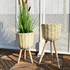 Mid-Century Modern Plant Stand，Unique Handmade Planter Stand Wood Flower Pot Holder， Indoor Plant Display Rack, Set of 2 (Beige)
