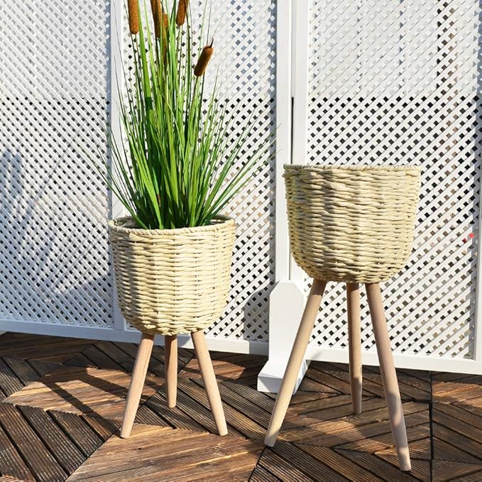 Mid-Century Modern Plant Stand，Unique Handmade Planter Stand Wood Flower Pot Holder， Indoor Plant Display Rack, Set of 2 (Beige)