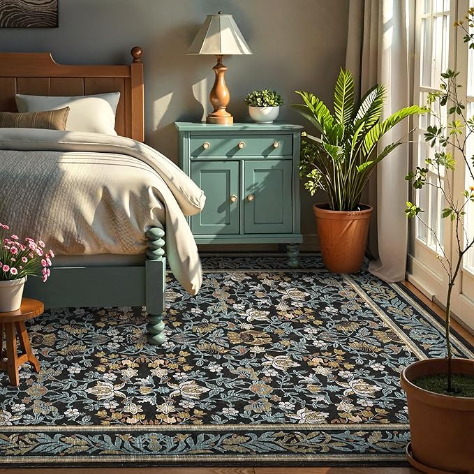 GarveeHome 6x9 Area Rugs Washable Rugs for Living Room, Boho Vintage Rug Non Slip Low Pile Stain Resistance Indoor Soft Large Carpet for Bedroom Dining Room Office Blue Black