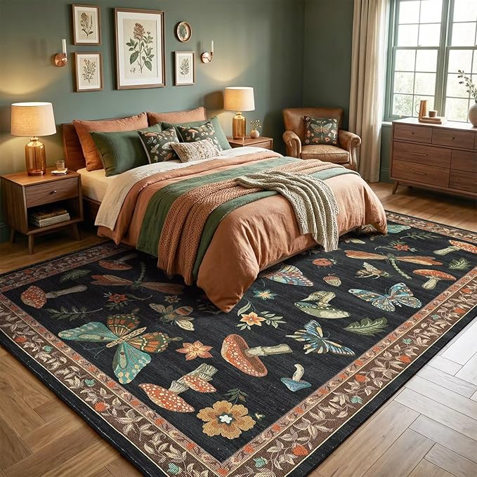 Mushroom 6x9 Area Rugs for Living Room Low-Pile Whimsical Cottage Core Insect Bug Butterfly Funky Dark Gothic Decor for Bedroom Nursery Dining Room Black Brown