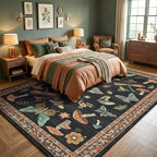 Mushroom 6x9 Area Rugs for Living Room Low-Pile Whimsical Cottage Core Insect Bug Butterfly Funky Dark Gothic Decor for Bedroom Nursery Dining Room Black Brown