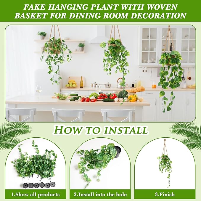 6 Set Mini Fake Hanging Plants with Woven Basket Boho Artificial Ivy Faux Vines Eucalyptus Leaf for Indoor Home Wall Living Room Bathroom Shelf Decor (Round Radish Leaf)