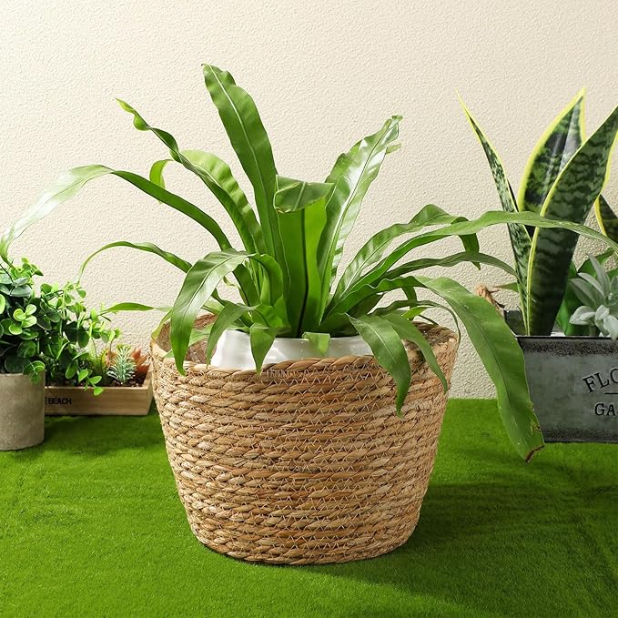 Woven Straw Flower Basket, Seagrass Planters Pot, Garden Plant Pot Containers Wicker Rattan Vase Sundries Organizer Storage Bins for Indoor Outdoor Plants