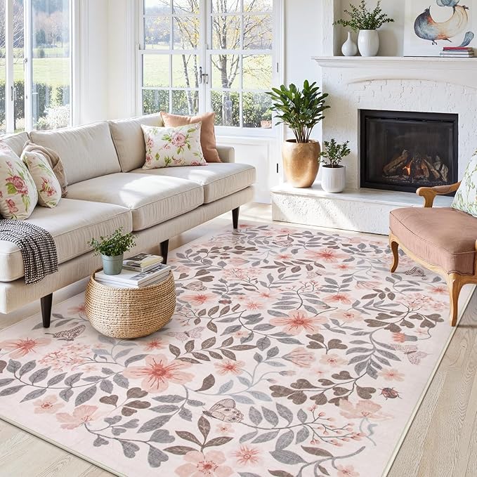 Lahome Reverie 8x10 Fall Floral Area Rugs for Bedroom, Apricot Boho Decor Washable Carpet, Non-Slip Rug for Girls Nursery, Living Room, Dorm, Apartment Decor, Cozy Retreat