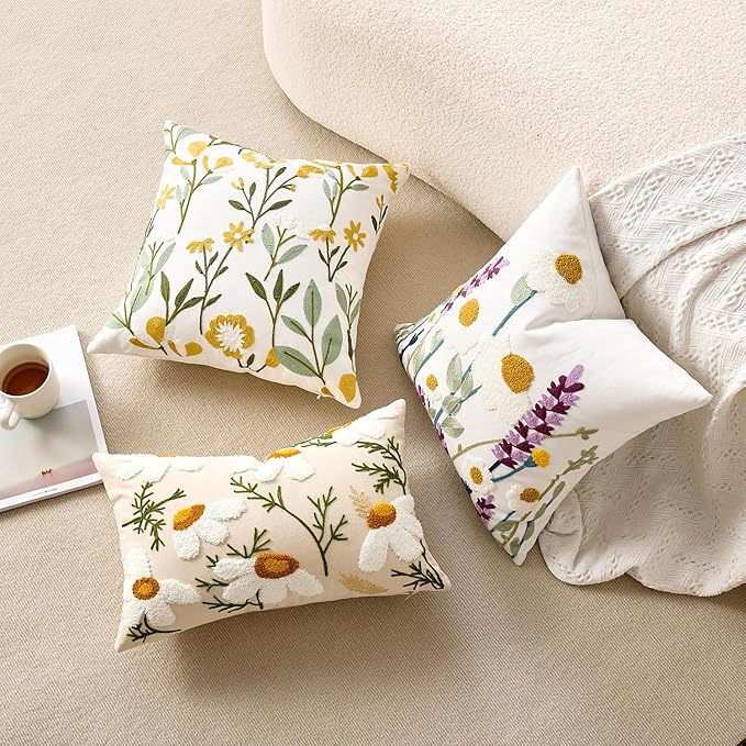 Embroidered Lumbar Pillow Covers Boho Farmhouse Daisy Tufted Pillow Covers Floral Decorative Couch PillowCases 12x20 Cottagecore Square Cushion Cover Set of 2 for Living Room Couch Sofa Bed Home Decor