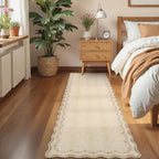 GarveeHome 2.6x10 Scalloped Washable Runner Rug for Kitchen, Soft Jute Long Hallway Runner Non Slip Entryway Rug Farmhouse Thin Laundry Mat Stain Resistant Carpet for Bathroom Beside Rug