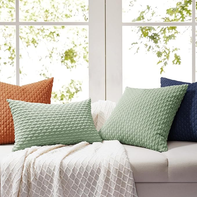 Softalker Throw Pillow Covers 18x18 Inch, Set of 2, Soft Corduroy Boho Stripe Decorative Pillow Cover, Couch Fluffy Pillow Cover for Farmhouse Home Decor Bed Living Room, Dark Blue