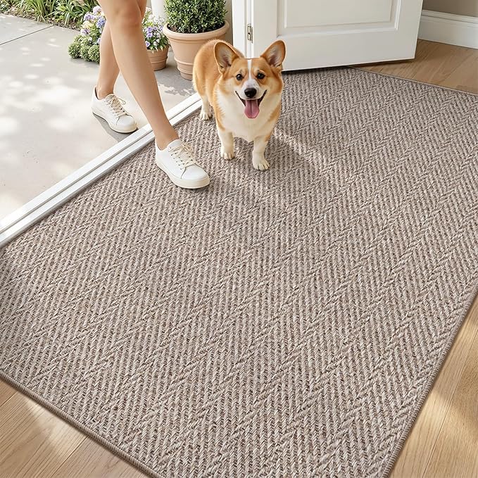 LUMI Ultra Thin Indoor Door Mat for Entrance 48"x72", Non Slip Entryway Mat, Low Profile Doormat, Unique Herringbone Design Carpet for Inside, Patio, Porch, Dark Beige