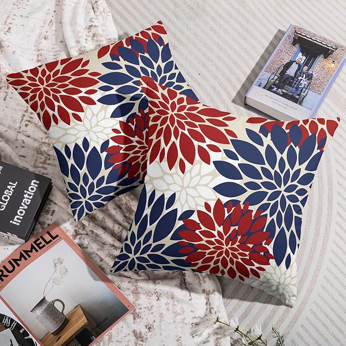 4th of July Blue Red White Pillow Covers 20X20 Inch Set of 2, Modern Geometry Dahlia Floral Print Holiday Decorative Throw Pillow Covers Outdoor Farmhouse Cushion Case for Couch Sofa Bed Decor