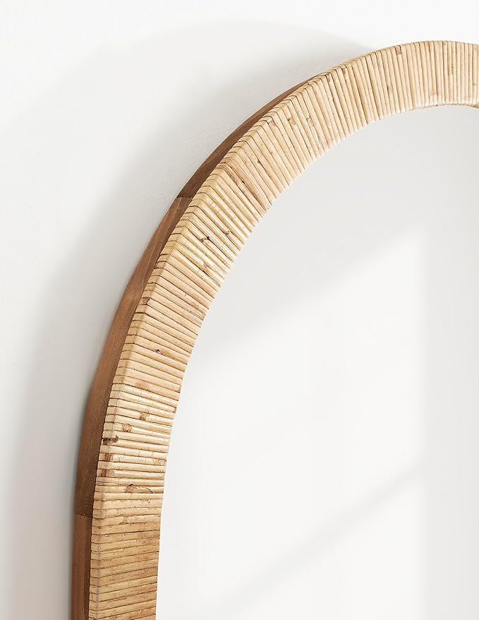 Kate and Laurel Rahfy Boho Arch Rattan Wall Mirror; 28 x 32; Natural Wood; Decorative Wooden Mirror with Authentic Rattan Frame for Bathroom Vanity Mirror