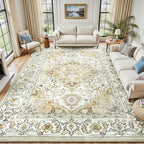 Lessymo 8 x 10 Area Rugs for Living Room, Machine Washable Area Rugs Boho Faux Wool Low Pile Area Rug for Bedroom, Floral Medallion Vintage Rugs with Non-Slip Rubber, Kid & Pet Friendly,Beige