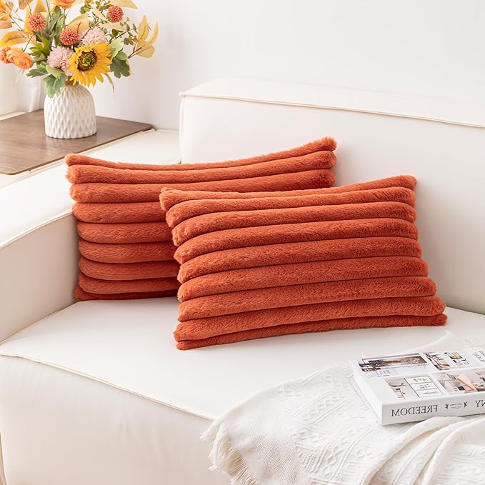 Pack of 2 Faux Fur Christmas Throw Pillow Covers 12x20 Inch, Soft Plush Striped Neutral Couch Pillow Cover, with Velvet Back Modern Home Decor for Sofa Living Room Couch Bed Rust