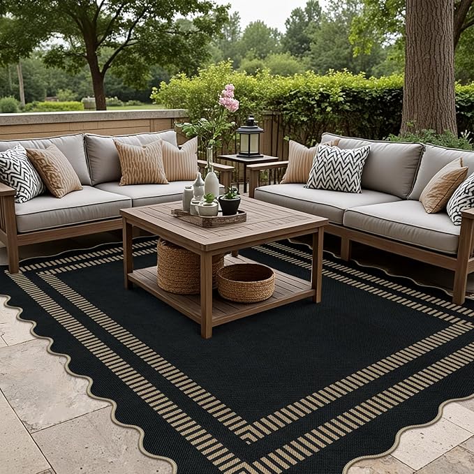 Scalloped Modern Easy Jute Carpet, 5x7 Outdoor Patio Washable Area Rug, Indoor Black Kitchen Rugs Farmhouse Neutral Non Slip Rug for Living Room Patio Entryway