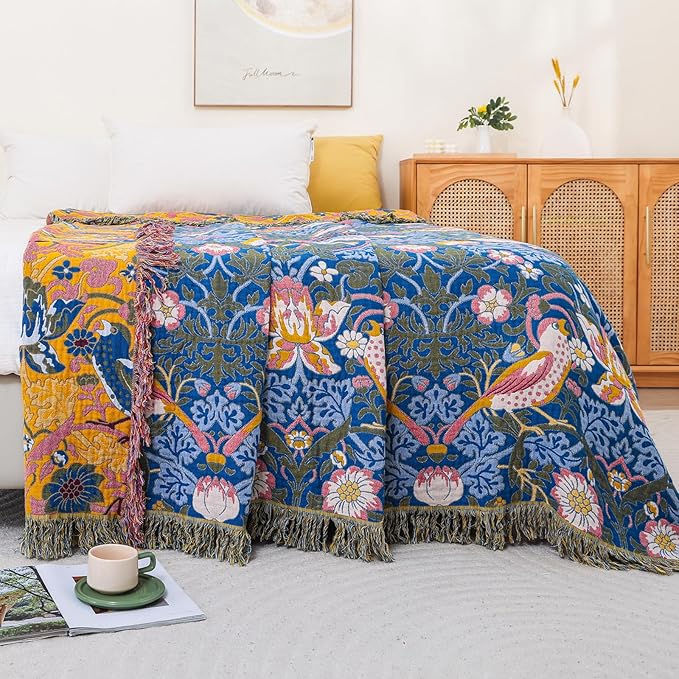Boho Cotton Muslin Twin Size Bed Throws,100% Cotton Rustic 4 Layer Reversible Bid and Floral Woven Washable Breathable Decor Quilt 60"×80" for Couch Sofa All Seasons,Blue &Yellow