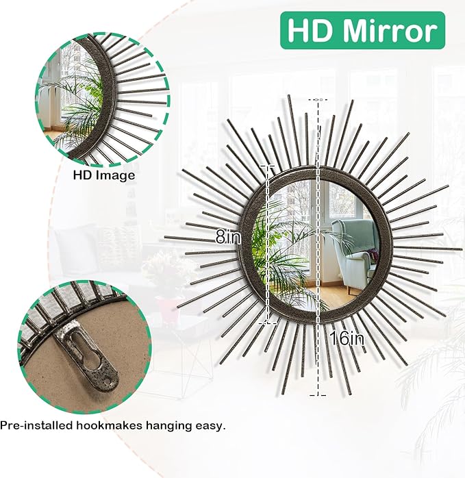 Large Spoked Sunburst Wall Mirror Boho Home Decor Round Wall Art Mirror Modern Metal Mirrors for Wall Living Room Vanity Bathroom Bedroom Hallway Balcony Entryway 16"