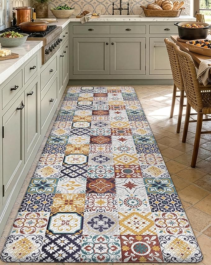 DEXI Anti Fatigue Kitchen Mats for Floor, 23x86, Cushioned Standing Padded Mat Waterproof, Comfort Runner Rug for Laundry Room Office, Colorful Checkered