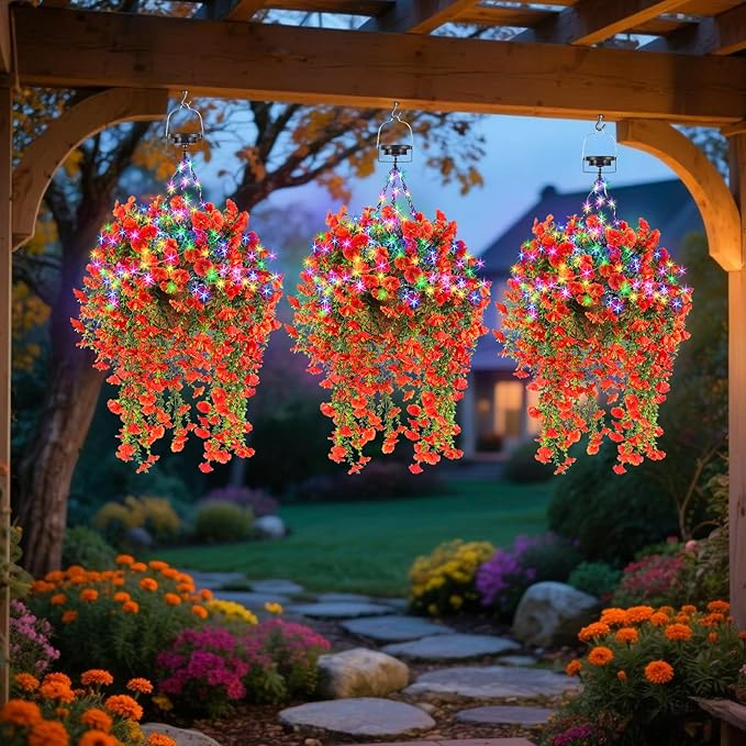 Outdoor Hanging Artificial Flowers Basket: Realistic Fake Plants Basket with Solar String Lights for Home Garden Enthusiasts - 10 Inch Faux Silk Flower Baskets for Porch Wall Patio Tree Decor