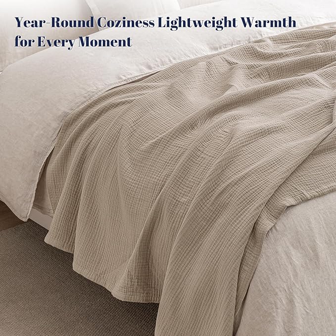 PHF 100% Cotton Muslin Blanket Queen Size 90"x90", 4-Layer Lightweight Gauze Throw, Breathable Cloud-Soft Minimalist Blanket for Bed, Couch, Camping & Baby, Taupe, Ideal Gift