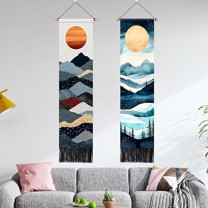 AOHMPT Pack of 2 Long Vertical Tapestry,Nature Landscape Tapestry with Serene Mountain River, Moon & Sun Motifs,Traditional Ink Painting Wall Art,Zen Aesthetic Wall Hanging for Living Room Bedroom Decor 13" W x 51" H"