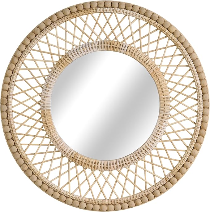 Round Beaded Rattan Wall Mirror – 28x28 Inch Boho Elegance with Woven Frame and Wooden Bead Trim, Decorative Mirror for Bathroom Vanity Entryway Living Room