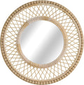 Round Beaded Rattan Wall Mirror – 28x28 Inch Boho Elegance with Woven Frame and Wooden Bead Trim, Decorative Mirror for Bathroom Vanity Entryway Living Room