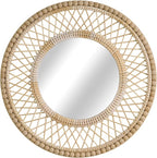 Round Beaded Rattan Wall Mirror – 28x28 Inch Boho Elegance with Woven Frame and Wooden Bead Trim, Decorative Mirror for Bathroom Vanity Entryway Living Room