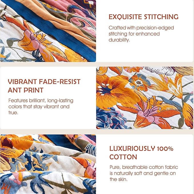 Boho Throw Blanket - 60"x80" 100% Cotton Ultra Soft Lightweight Spring Blanket, 4-Layer Breathable Muslin Blankets for Bed Couch, Reversible Yellow Floral Printed Bohemian Cotton Quilt
