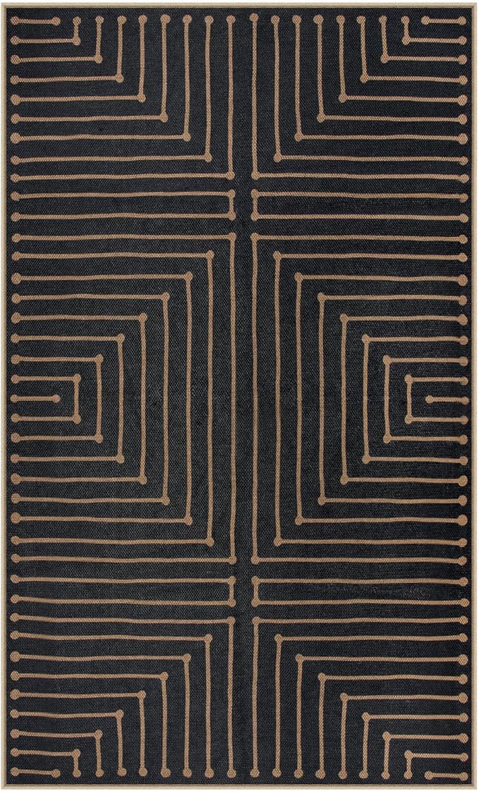 Lahome Neutral Geometric 3x5 Easy Jute Rug, Washable Rugs for Bedroom Entryway Outdoor Patio Porch Carpet, Farmhouse Rhombus Non Slip Non Shedding Black Carpet for Kitchen Entrance Balcony