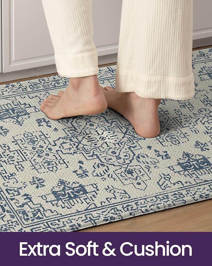 DEXI Kitchen Mats Cushioned Anti Fatigue, 23x86 Floor Padded Runner Rug Non Slip, Waterproof Standing Comfort Memory Foam for Front Sink Laundry, Blue White