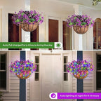 GOESWELL Wall Hanging Basket with Artificial Flowers: Fake Plants Basket with RGB String Lights for Fall Outdoor Decor - Solar Flowers Baskets with Faux Silk Flower for Front Porch Patio Garden Decor