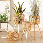 Rattan Indoor Plant Stand Straw Woven Flowers Pot Holder Stool With Legs Floor Planter Baskets Rack Wooden Plant Shelf