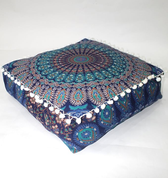 CRAFT KALA Blue Peacock Large Hippie Mandala Meditation Floor Ottoman Pillow Cushion Pouf Cover Square Poufs Bohemian Circle Floor Cushion Case Outdoor Fireplace Living Room Decor Cover 18" Square