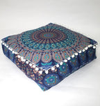 CRAFT KALA Blue Peacock Large Hippie Mandala Meditation Floor Ottoman Pillow Cushion Pouf Cover Square Poufs Bohemian Circle Floor Cushion Case Outdoor Fireplace Living Room Decor Cover 16" Square