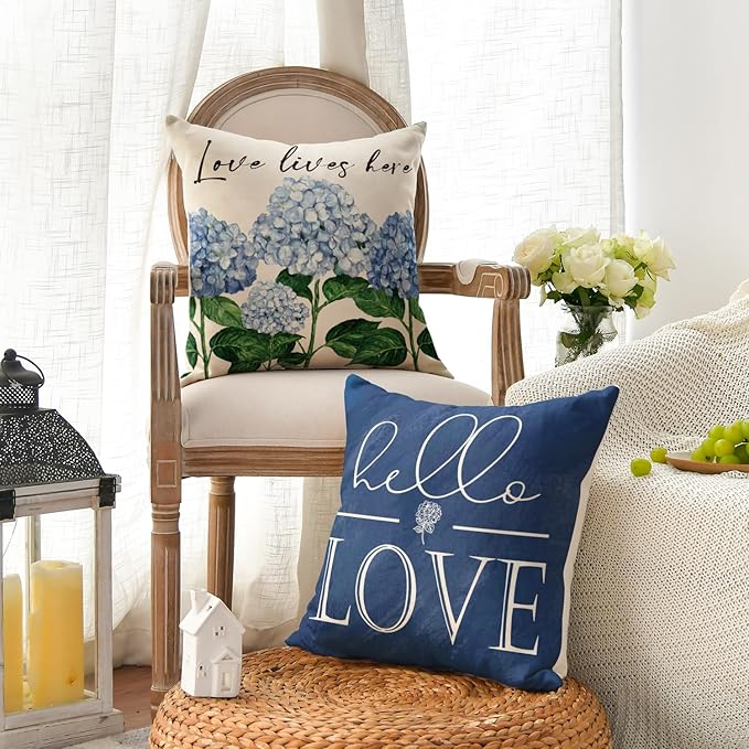 AVOIN colorlife Hello Love Blue Hydrangea Bicycle Throw Pillow Covers, 16 x 16 Inch Flowers Summer Spring Mother's Day Cushion Case for Sofa Couch Set of 4