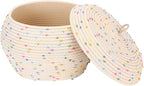 Sea Team Round Cotton Rope Storage Basket with Lid, Colorful Rainbow Pompom Woven Storage Bin, Pot, Caddy, Organizer, Container for Snacks, Towels, Plants, 13 x 9 Inches (Large, Rainbow)
